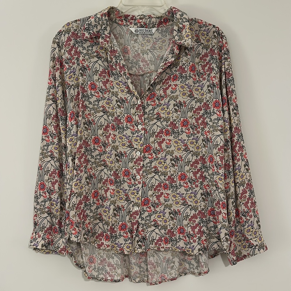 Big Dart colorful floral button down blouse with collar and buttoned sleeves